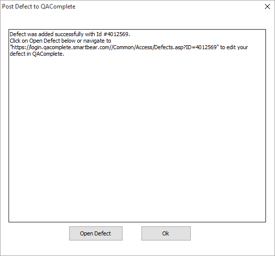QAComplete Integration dialog - Defect Number page