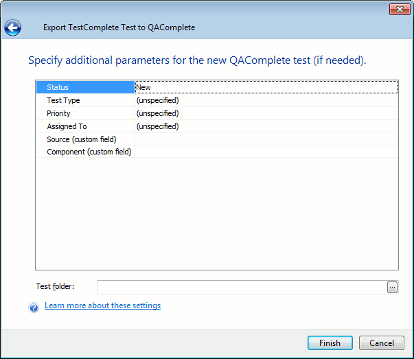Exporting to QAComplete: Specify additional parameters of a new test