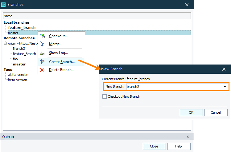 Creating branches via built-in Branches dialog