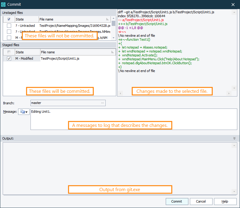 The built-in Commit dialog of TestComplete