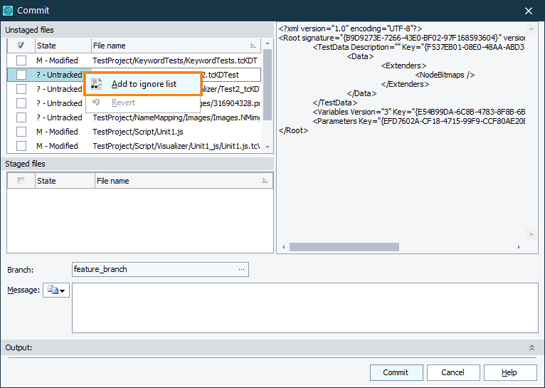 Adding file to the ignore list via the TestComplete Commit dialog