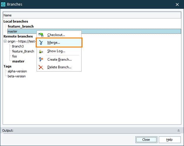 Merging branches via built-in Branches dialog