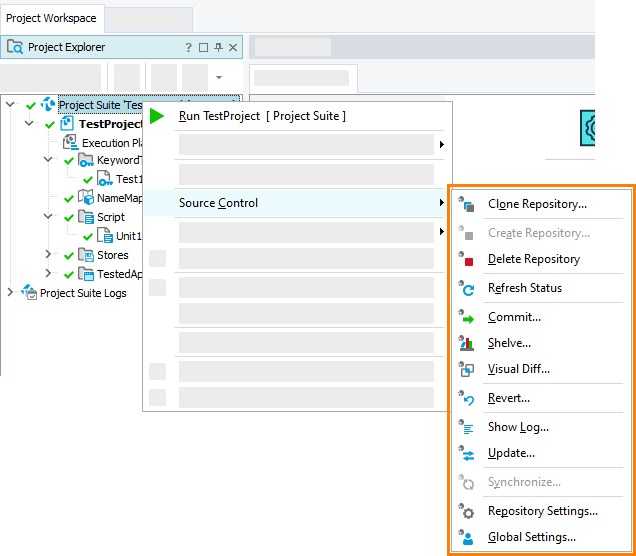 Items of the Source Control menu with TortoiseHg integration enabled.