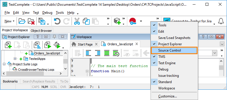 Opening the Source Control toolbar