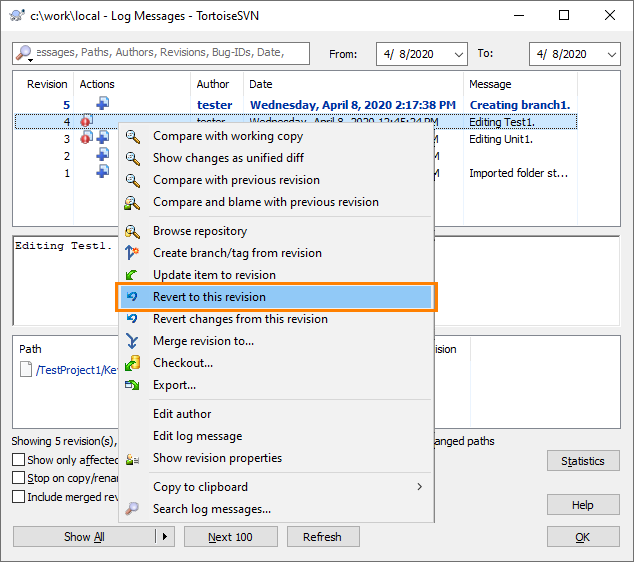 Reverting Changes in the TortoiseSVN Log Messages Dialog