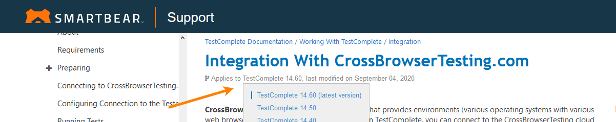 Viewing documentation for various TestComplete versions
