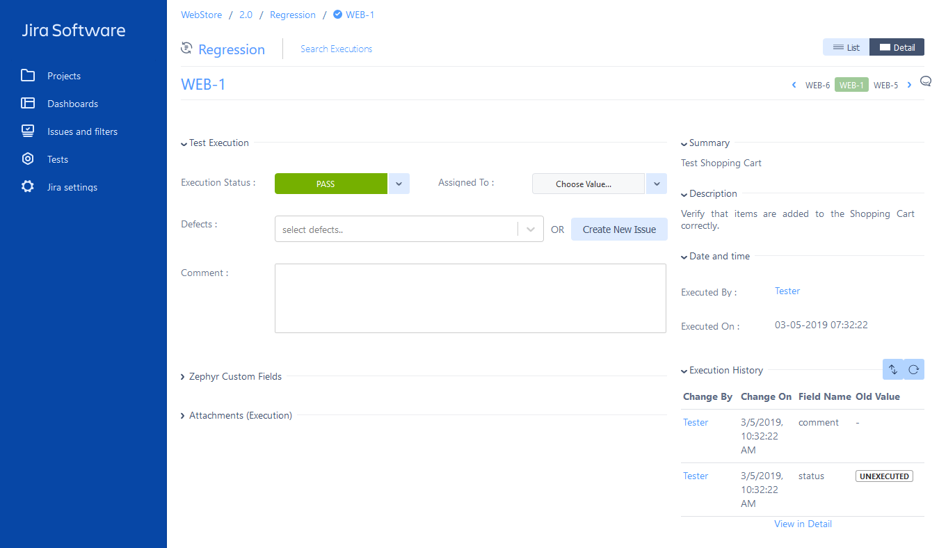 Test results assinged to the test execution in Jira - Pass