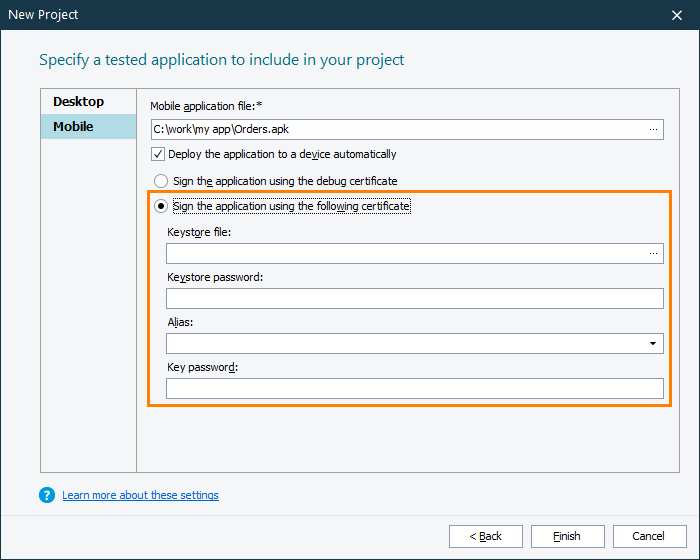 keystore for debug generate signing Application  Wizard Documentation  Parameters Project  Mobile Create  New TestComplete