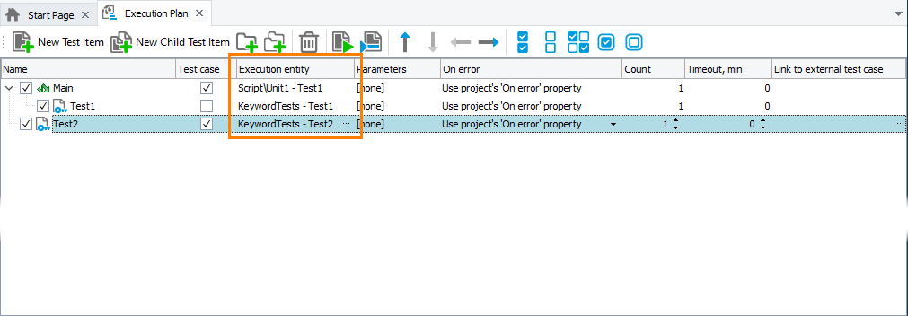 The Execution Entity Column of the Execution Plan editor