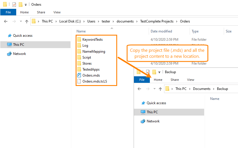 Creating a backup copy of a TestComplete project with Windows Explorer