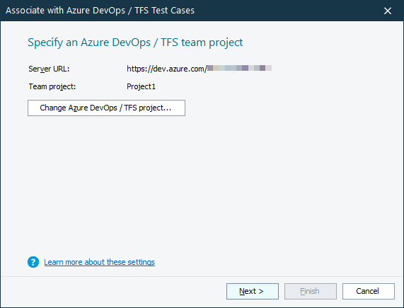 Associating TestComplete test items with Azure DevOps / TFS test cases: Specifying a team project