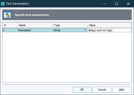 Test Parameters dialog for BDD tests run by tag expression