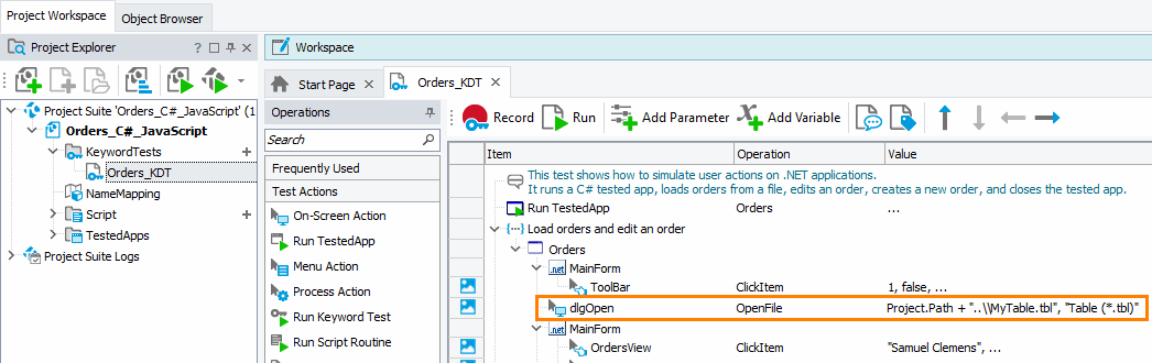 Calling the OpenFile method from a keyword test