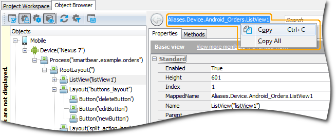 Android testing: Copying object name from the Object Browser
