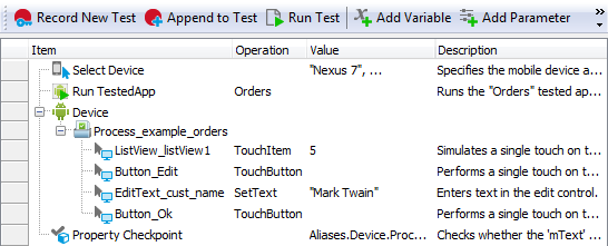 A recorded Android test in TestComplete