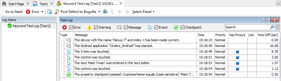 Testing Xamarin.Forms applications tutorial: Results of the test run on the Android device