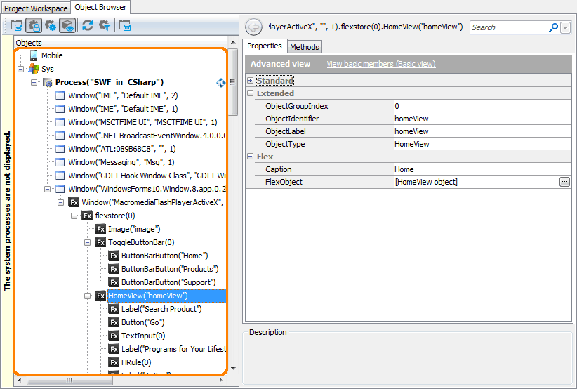 Automated testing Flash and Flex applications with TestComplete: A view of an embedded Flex application in the Object Browser