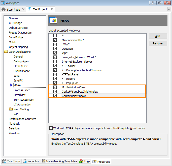 Project Properties - MSAA Options