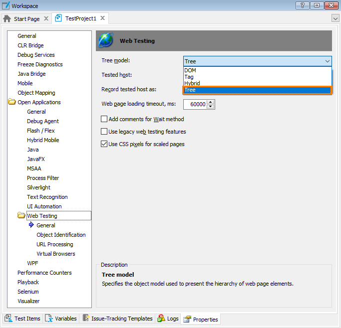 Project Properties - Web Testing Options