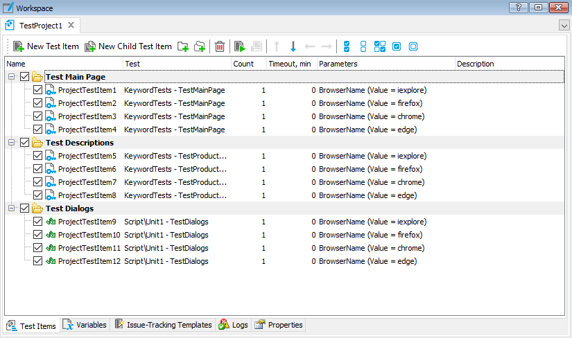 Parameterized cross-browser tests as test items