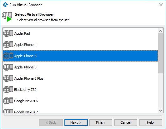 Run Virtual Browser wizard: Selecting mobile browser