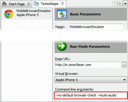 Specifying command-line arguments for mobile browser emulator in TestedApps