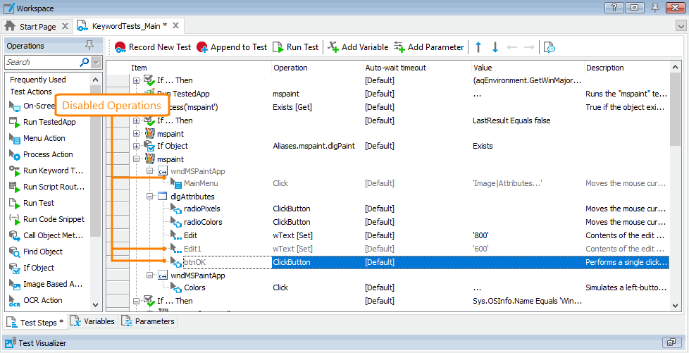 Disabled Operations in the Keyword Test Editor