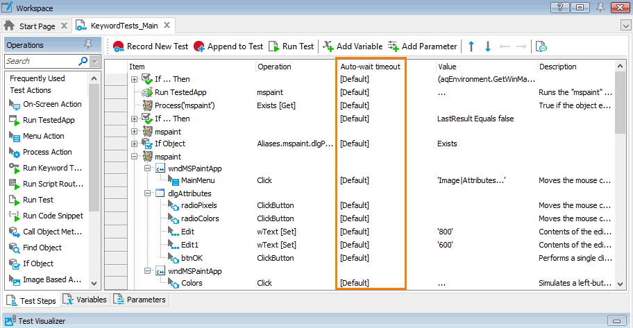 Auto-wait timeout column in the Keyword Test editor