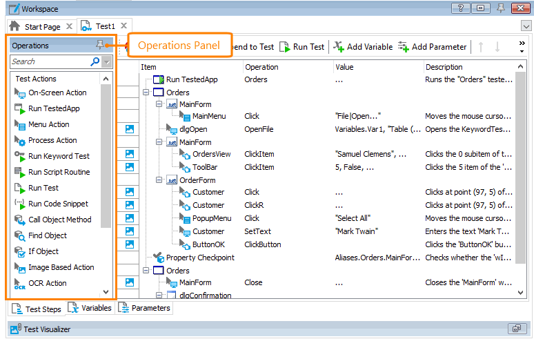 Operations panel of the Keyword Test editor