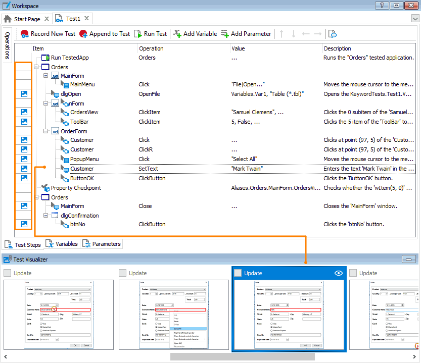Keyword test operations with the captured screenshots in the Visualizer panel
