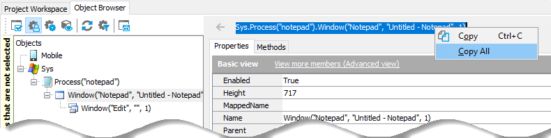 Copying window name from the Object Browser.
