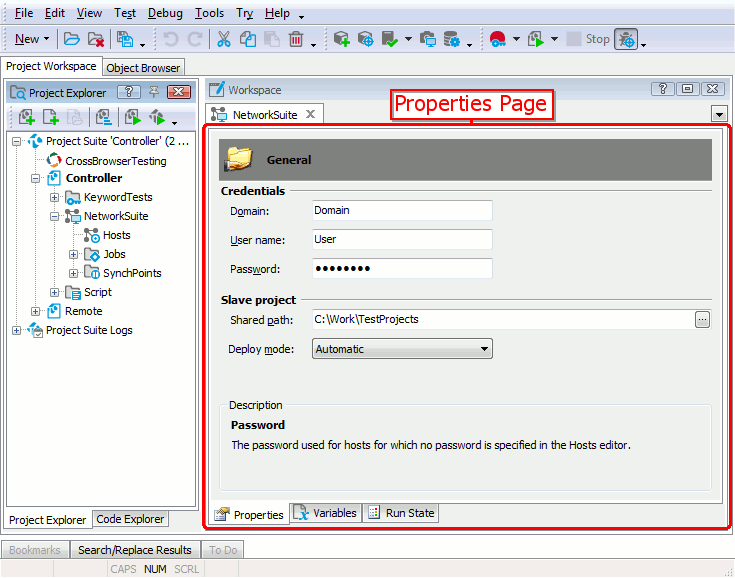 Properties page of the Network Suite editor