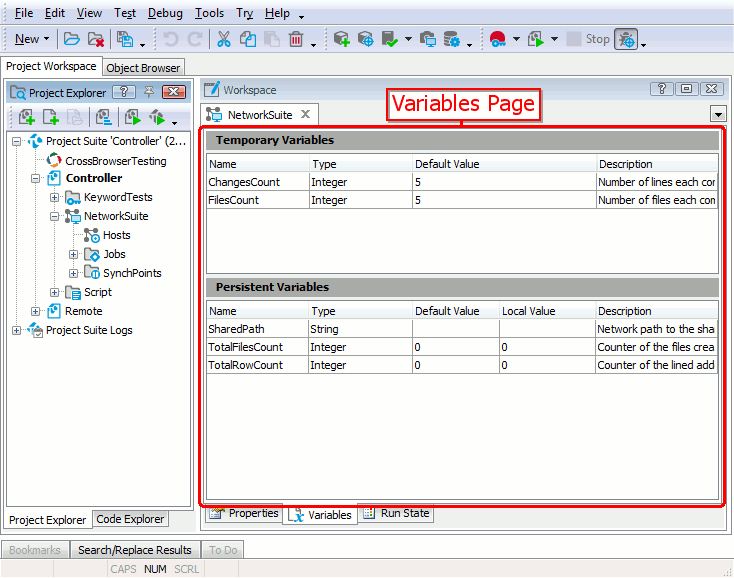 Variables page of the Network Suite editor