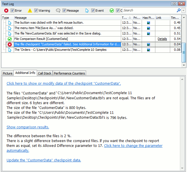 Additional Info panel containing the file checkpoint verification results