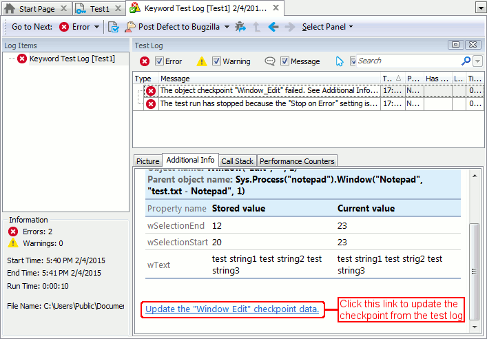 Updating an object checkpoint from the test log.