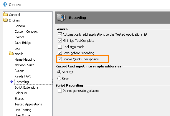 Quick Checkpoints: Enabling and disabling Quick Checkpoints at design time