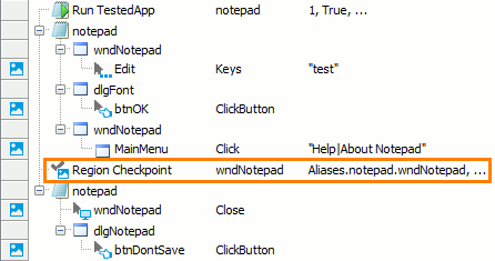 Region checkpoint in a keyword test