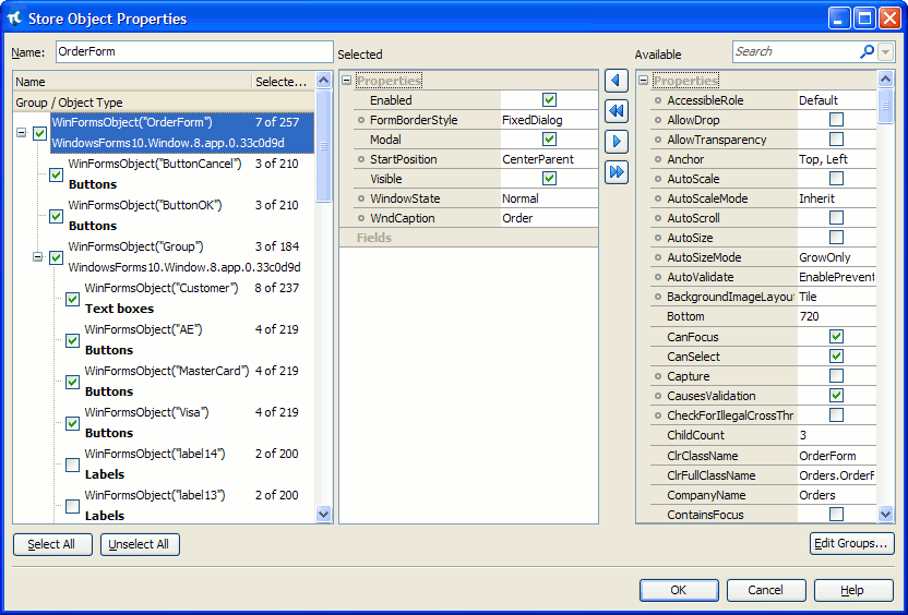 Store Object Properties dialog