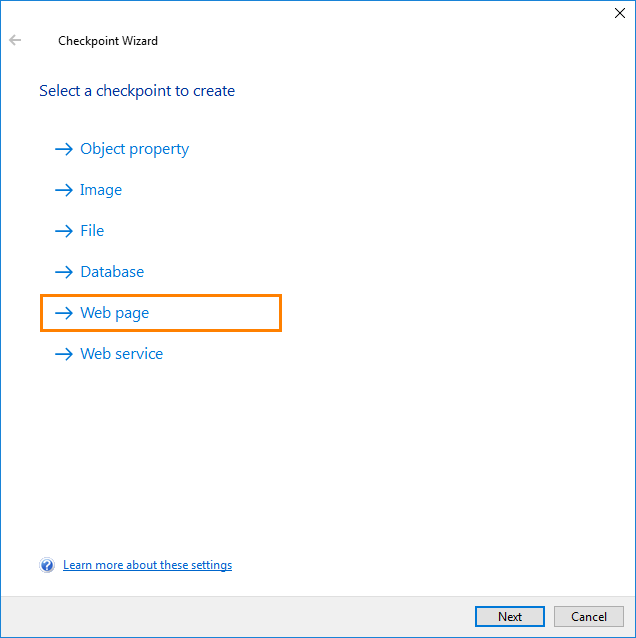 Web Comparison Checkpoint: Select checkpoint type