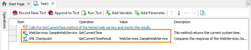 Web service checkpoint in a keyword test