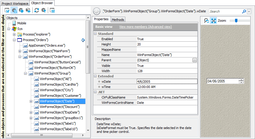 Object properties listed in the Object Browser panel