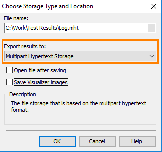 Select Multipart Hypertext Storage to export TestComplete test results to MHT