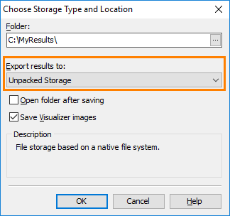 Select Unpacked Storage to export TestComplete test results to HTML