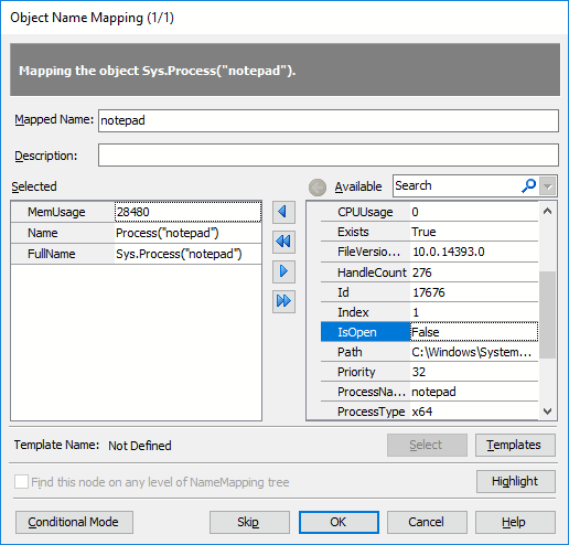 Object Name Mapping dialog - Basic mode