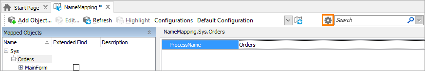 The location of the Configure Name Mapping icon on the toolbar