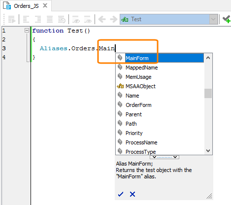 Entering an alias using Code Completion