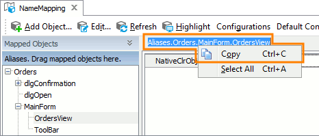 Copying an alias from the Name Mapping editor