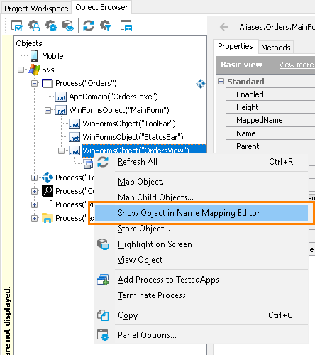 Locating a mapped object from the object hierarchy