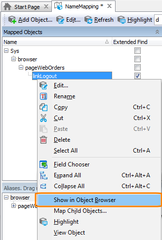 Name Mapping editor: Show in Object Browser command