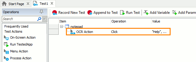 OCR Tutorial: The OCR Action operation added to the test